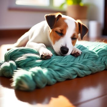 Sunny Day Snooze: Jack Russell Terrier Sleeping on Turquoise Knitted Plaid