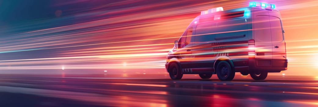 A police van is driving down a road with a bright orange sky in the background by AI generated image.