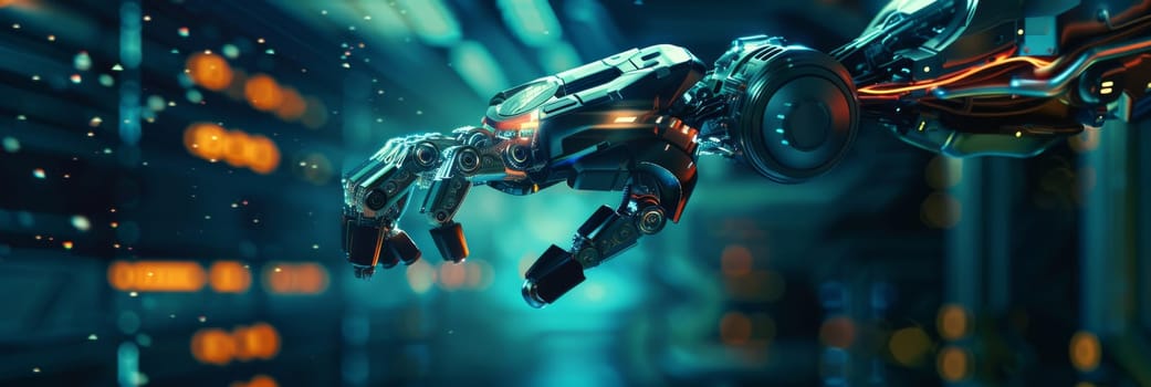 A robot arm is shown in a futuristic setting, with a blue background by AI generated image.