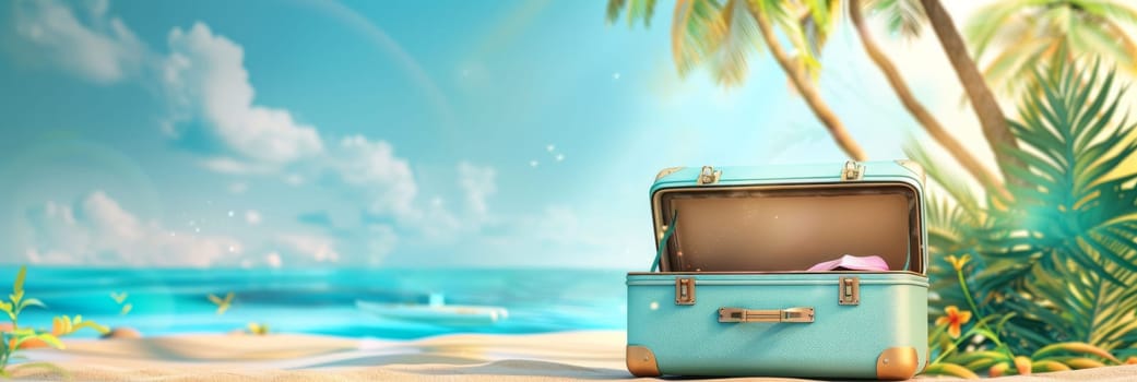 A blue suitcase is on the beach next to the ocean by AI generated image.