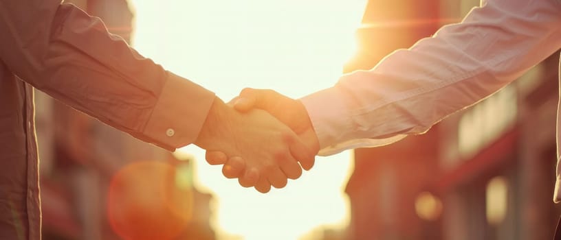 Two men shake hands in a business meeting by AI generated image.