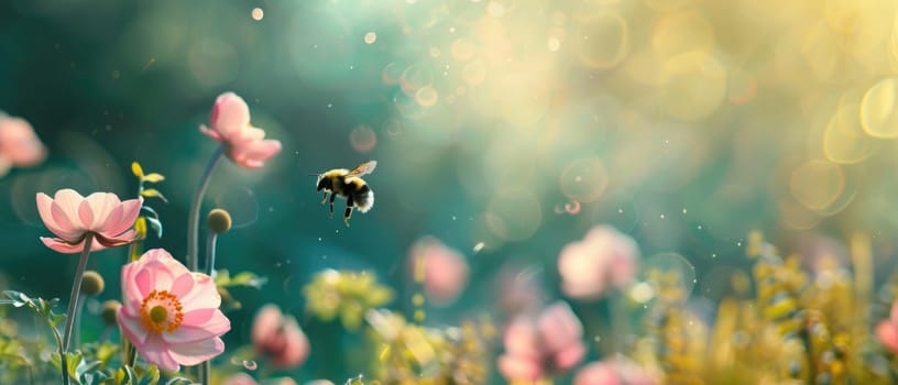 A field of pink flowers with a bee flying over them by AI generated image.