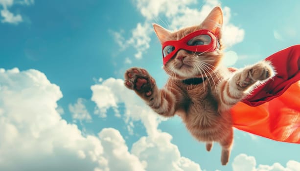 A cat wearing a red superhero costume is flying through the air by AI generated image.