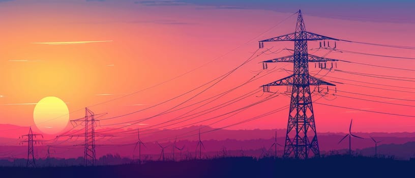 A power line tower is silhouetted against a beautiful sunset by AI generated image.