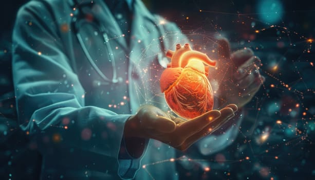A doctor holding a heart in his hand by AI generated image.