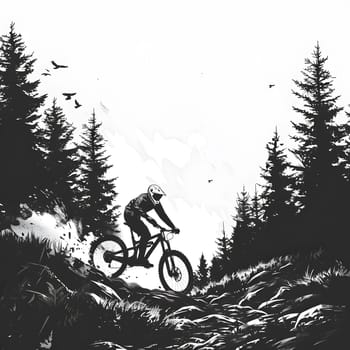 A man on a mountain bike is descending a rocky hill in the woods, with the bicycles wheels bouncing off the rough terrain under the open sky