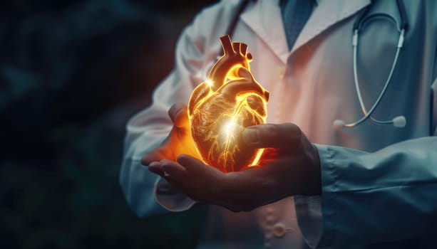 A doctor holding a heart in his hand by AI generated image.