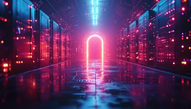 A neon lighted tunnel with a glowing archway by AI generated image.