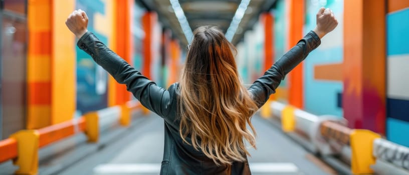 A woman with long brown hair is standing in a long hallway with her arms raised by AI generated image.