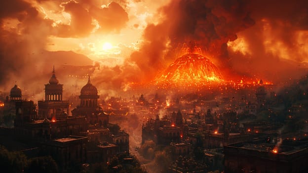 Spectacular view of a city overshadowed by a fiery volcanic eruption. Apocalyptic landscape with dense smoke and burning sky illustrating nature's fury.