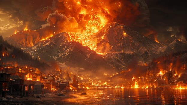 Majestic night view of volcanic eruption: sky ablaze above buildings, reflecting devastating natural disaster