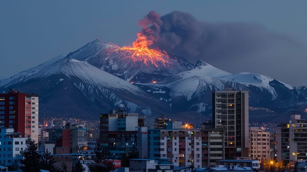 City life persists under the threat of a fiery volcanic eruption in snow-covered mountains during twilight