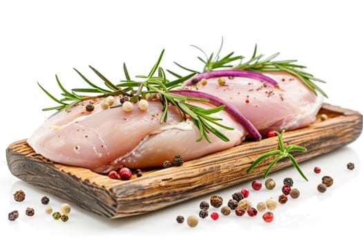 High-quality image features fresh chicken breasts seasoned red onion rosemary pepper. Perfect for showcasing ingredients used gourmet healthy meals.