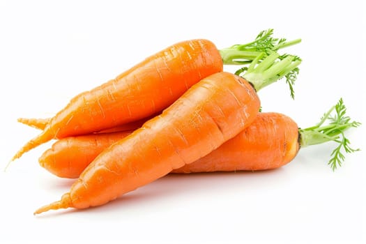 Image showcasing three fresh, organic carrots washed clean, perfectly highlighted against a white background focusing on detail and natural texture