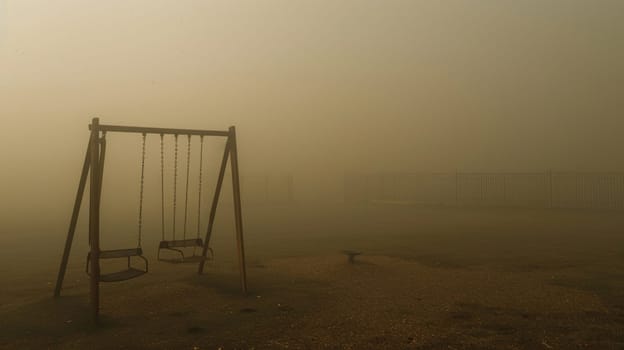 A haunting image of a playground overtaken by intense smog, where swings stand empty, evoking unease and isolation