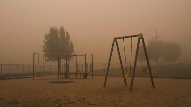 Environmental pollution captured at playground nightmarish scene as thick smog obscures swings sand safety becomes concern during foggy weather conditions