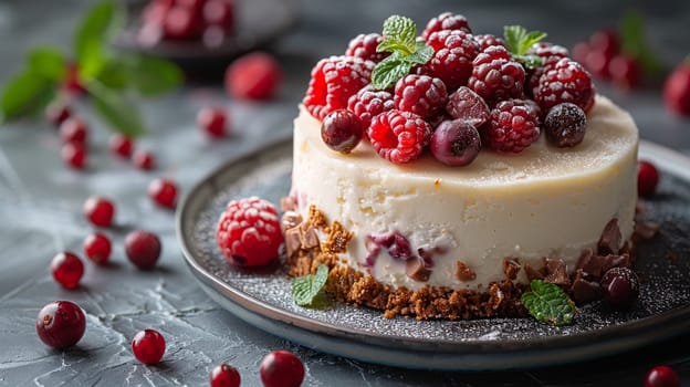 Gourmet cheesecake bursting with berries, engaging dessert presentation. Capture of succulent raspberries reflects culinary artistry, vibrant food image.