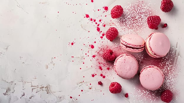 Elegant backdrop features raspberry macarons paired fresh berries, ideal for high-quality dessert visuals. Sprinkled icing sugar adds a delightful touch.