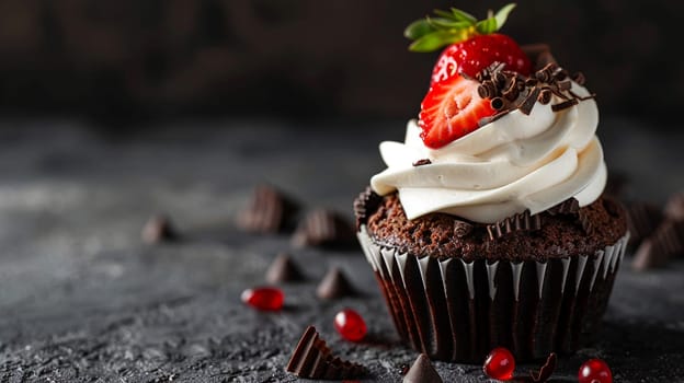 Close-up of a delicious chocolate cupcake decorated with vanilla frosting, strawberry, and chocolate shavings, set against a dark moody background