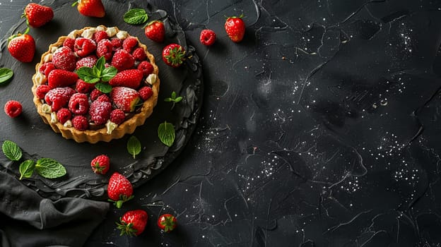 Gourmet strawberry raspberry tart garnished with fresh mint leaves, sprinkled with sugar, presented on a dark backdrop featuring elegant texture and contrast.