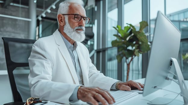 Senior man dressed in professional attire focused on computer work. Image of experience, dedication in a modern office environment. Generative AI