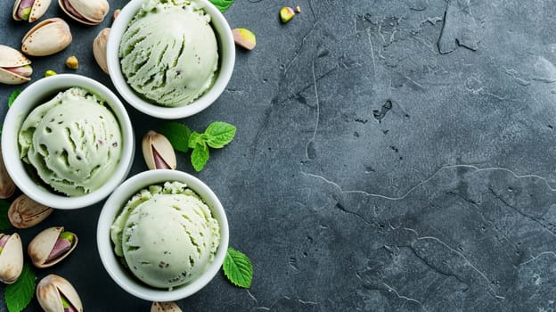 Top view of pistachio ice cream in white bowls, garnished with mint leaves and pistachio nuts. Perfect for sweet treat concepts.
