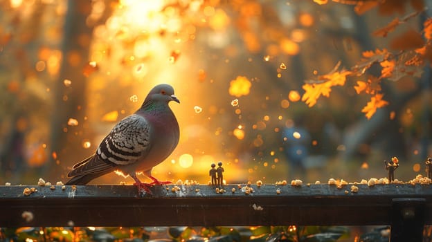 Enchanting image captures pigeon resting on bridge amidst flickering autumn leaves during golden hour, creating serene atmosphere.