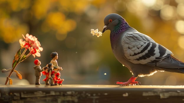 Surreal visual of giant pigeon towering over small figures amidst flowers on urban setting at golden hour, symbolizes scale disparity and imaginative scenarios