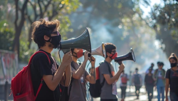 A group of protesters are holding megaphones and wearing masks by AI generated image.