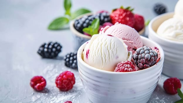 Vibrant bowls of ice cream, beautifully topped with fresh raspberries, blackberries, copy space perfect for summer menu features or food blogs