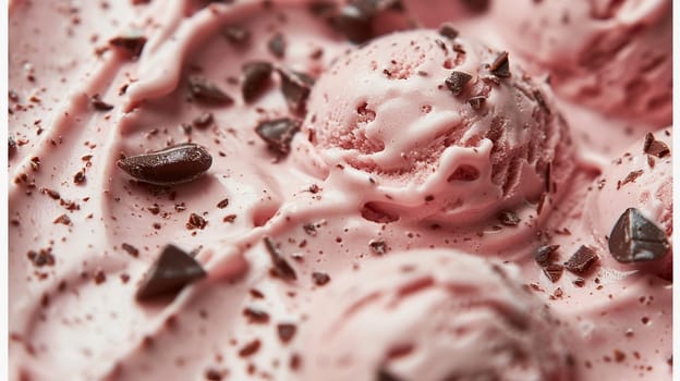 Zoomed-in view captures texture of strawberry ice cream dessert, detailed with chocolate chip toppings, ideal backdrop for sweet treat content.