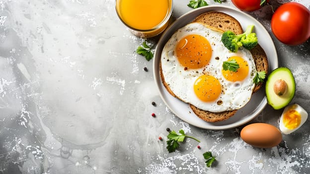 Top view of vegetarian breakfast with eggs, avocado, tomatoes, orange juice, balanced diet meal light concrete background.