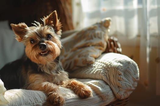 Cute small dog enjoys relaxing afternoon comfy chair, warm sunlight filtering through window