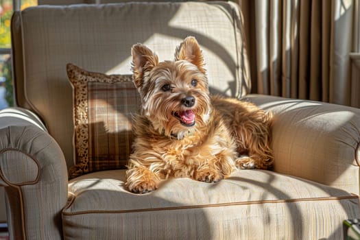 Joyful Yorkshire terrier lying comfortably elegant chair bathed sunlight, cozy stylish living room scene