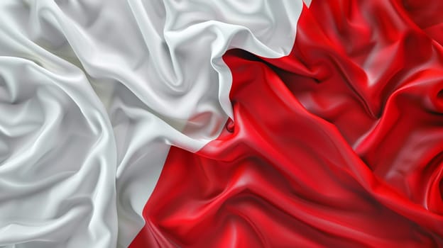 Vivid red and white silk waves mimic Poland flag. Concept of patriotism, national celebrations, and cultural identity embodied in flowing fabric.