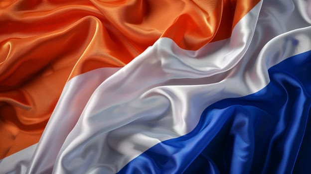 Close-up of vibrant orange, white, blue silk fabric simulating Netherlands flag. Symbol of Dutch national pride, cultural identity captured in luxurious texture.