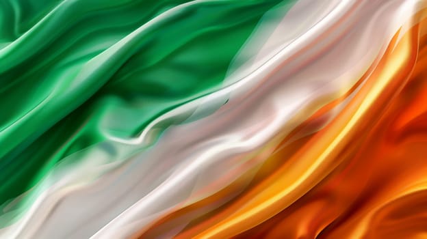 Vibrant silk fabric texture resembling Flag of Ireland flows representing Irish culture, heritage, national pride.