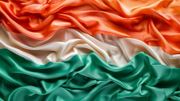 Vibrant, high-resolution photo of Irish flag silk fabric showcasing rich green, white, orange colors; symbolizes Irish culture freedom