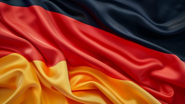 Textured background of German flag colors in luxurious silk waves. Expressive of Germany's rich culture, national pride and identity in artistic, smooth fabric form.