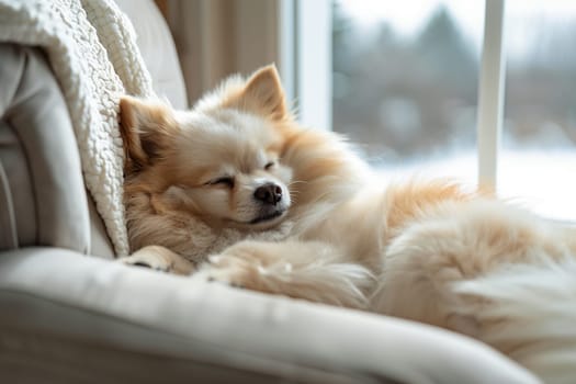 Pomeranian Spitz comfortably nestled into chair blankets enjoying serene afternoon nap