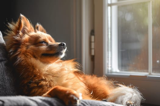 Golden Pomeranian Spitz captured resting comfortably in cozy chair, basking in warmth of sunlight through window, showcasing peaceful pet moment