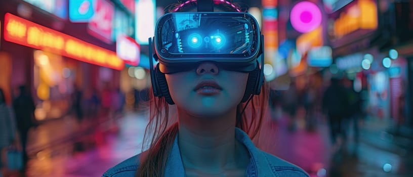 A woman wearing a virtual reality headset is standing in a city street by AI generated image.