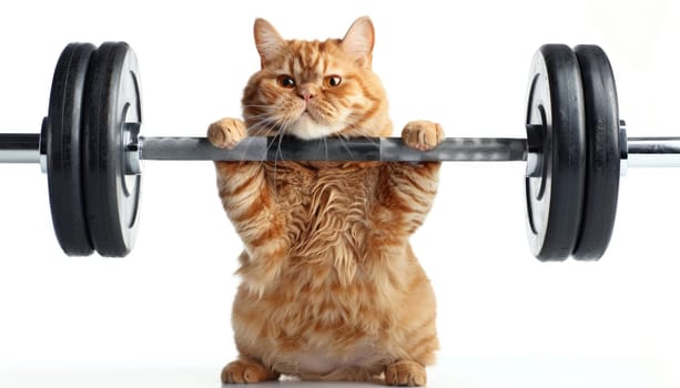 A cat is lifting a weight bar with its paws by AI generated image.