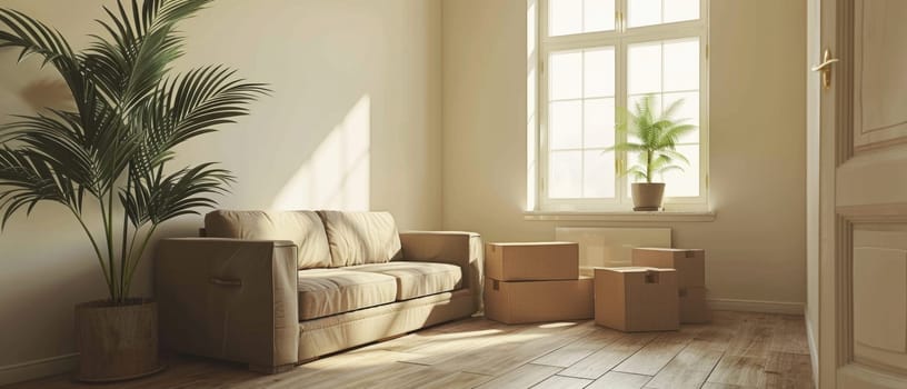 A living room with a couch and a potted plant by AI generated image.