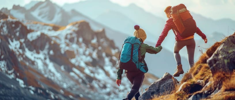 Two people are hiking up a mountain, one of them wearing a blue backpack by AI generated image.