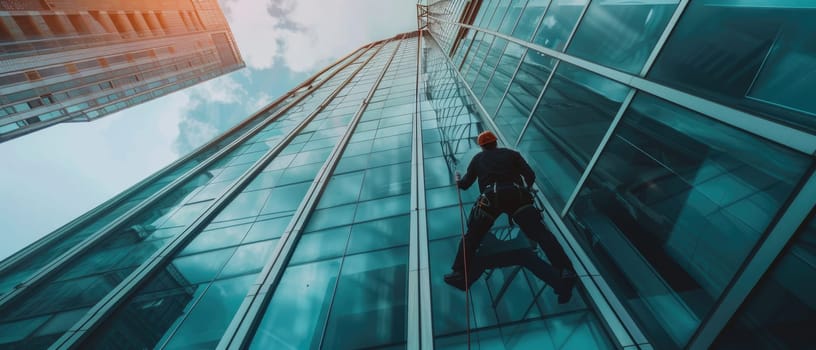 A man is hanging from a building, suspended by a rope by AI generated image.