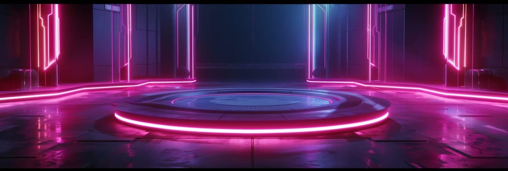 A neon pink room with a circular floor by AI generated image.