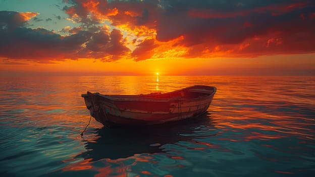 A boat is floating in the ocean at sunset