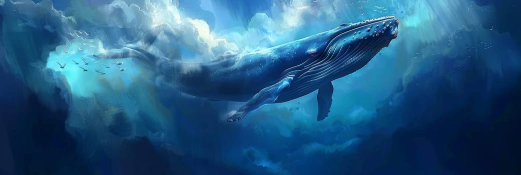 A whale is swimming in the ocean by AI generated image.