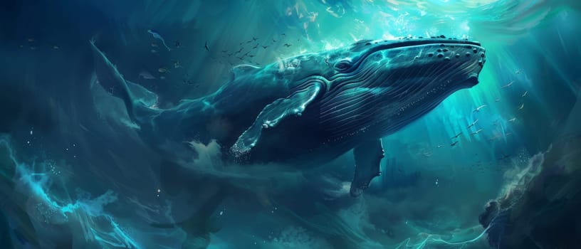 A whale is swimming in the ocean by AI generated image.